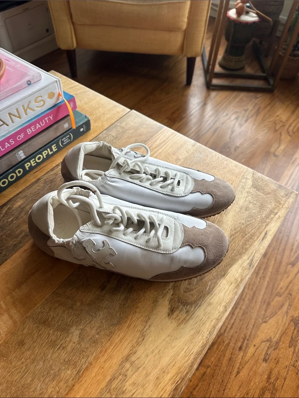 Tory Burch White and Taupe Leather & Suede Lace-Up Sneakers